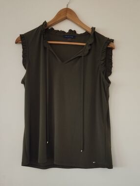 Tommy Hilfiger Olive Green Ruffle-Trim V-Neck Sleeveless Top